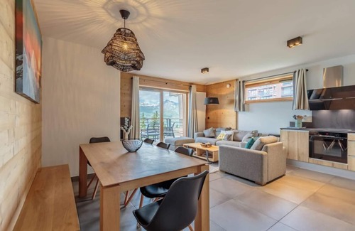 Arc-1800 Apartamento | 3.o piso, vista valle, fitness, sauna, hammam, terraza, parking, local para esquís, 80m², Les Arcs