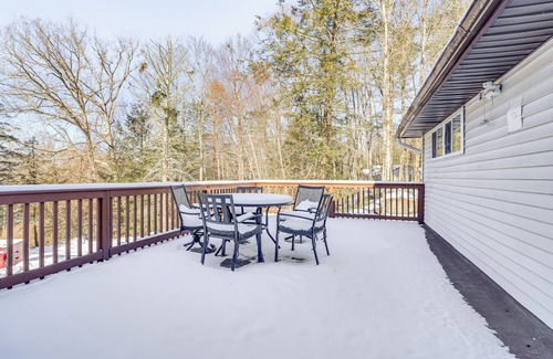 White Mills Cabaña | 8 Mi to Lake Wallenpapack: Gem w/ Deck & Game Room