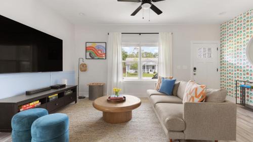 Vilano Beach Casa | Blue Hour Playfully Designed Beach Home w Hot Tub Fire Pit Game Room