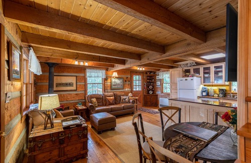 Elk Park Casa | Creeksong Cabin - log home with fire pit, large creek on property