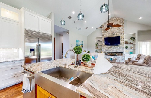 Waller Casa | Custom Home with Guesthouse, Pond, Swimming Deck, Beach & Tropical Bar
