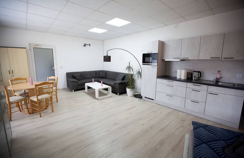 Schwarza Apartamento | Deluxe Double Studio with kitchen line, bathroom, Shower, Toilet & king bed