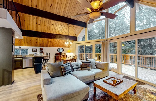 Crestline Casa | Enchanting lake retreat with fireplace, games, & great deck views - dog-friendly