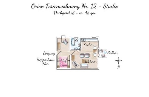 Spiekeroog Apartamento | Gästehaus Orion - Wohnung 12