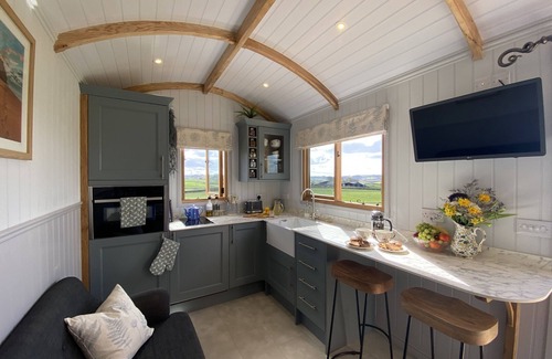 Bridport Cabina | This bespoke handmade shepherd's hut, has a stylish modern interior which includes a well-equipped k