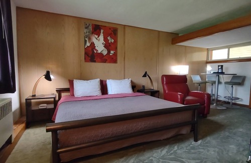 Spring Green Hotel | Estilo MCM - Habitación con cama king vista al jardín