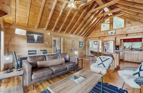Mills River Cabina | Lakefront cabin with a balcony, firepit, wet bar, washer/dryer, dock, & AC