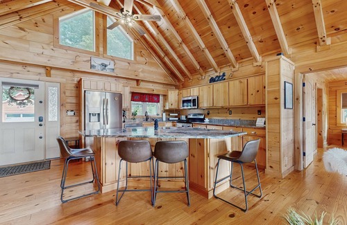 Mills River Cabina | Lakefront cabin with a balcony, firepit, wet bar, washer/dryer, dock, & AC