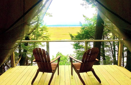 Mariaville Cabina | Lakefront Glamping Tent + Tiny House A-Frame, King Bed, Fab View, near Acadia