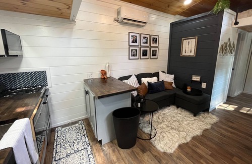 Mills River Cabina | Lakeview tiny home with a loft, full kitchen, furnished deck, & firepit