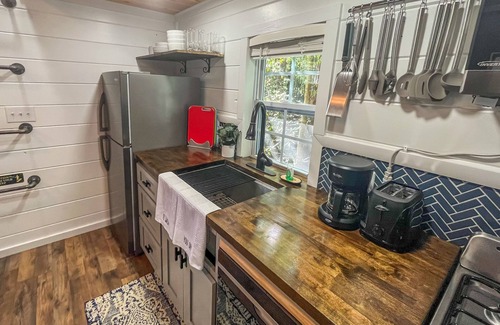 Mills River Cabina | Lakeview tiny home with a loft, full kitchen, furnished deck, & firepit