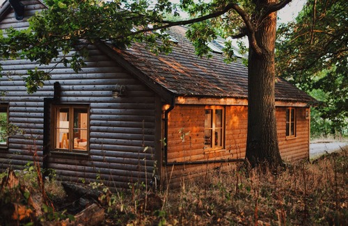 Earls Colne Cabina | Luxury secluded lakeside cabin with hot tub. Pet Friendly!
