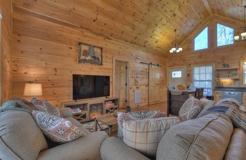Ellijay Cabina | Mountain Livin' beckons with pet-friendly charm, complete with a fenced yard, soothing hot tub, crackling firepit, and reliable WiFi