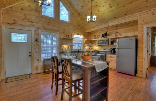 Ellijay Cabina | Mountain Livin' beckons with pet-friendly charm, complete with a fenced yard, soothing hot tub, crackling firepit, and reliable WiFi