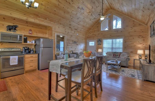 Ellijay Cabina | Mountain Livin' beckons with pet-friendly charm, complete with a fenced yard, soothing hot tub, crackling firepit, and reliable WiFi