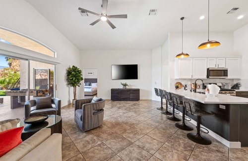 Desert Hot Springs Casa | NEW! Mountain Views, Saltwater Pool&Spa, Firepit and Outdoor BBQ and bar area