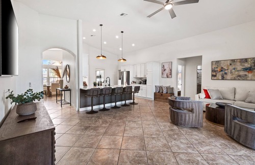 Desert Hot Springs Casa | NEW! Mountain Views, Saltwater Pool&Spa, Firepit and Outdoor BBQ and bar area