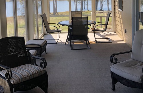 Dawsonville Casa | Panoramic & unobstructed lake views, level walk to shore, & private sandy beach
