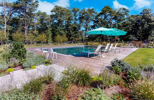 Tisbury Casa | Polished architectural gem w/ private pool, covered patio & vaulted ceilings