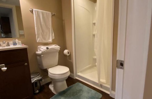 Maxwell Casa | Private basement bedroom with private bathroom, kitchen, and living room with large screen television