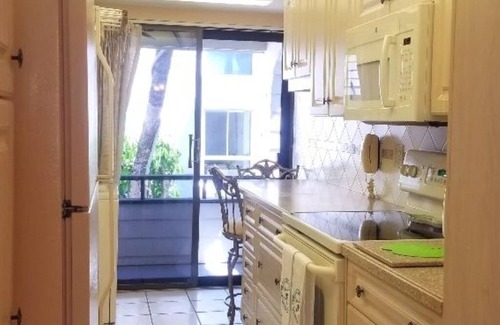 Venice Condominio | Lanai privado con vistas al hermoso jardín a solo 100 pies de la piscina, la terraza y la playa