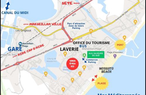 Marseillan Plage Apartamento | Résidence Le SUNSET Marseillan-plage, entre mer et lagune de Thau, étape vélo, famille, couple, VRP, toutou admis, jardin, parking privé gratuit, vélos, Clim, WIFI fibre gratuite, commodités, plage et piste cyclable à proximité, 6 couchages nous contacter