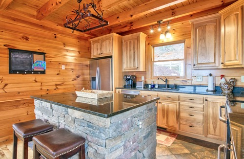 Lake Lure Cabina | Rustic mountain-view home with deck, fire pit, hot tub, fireplace, & game room