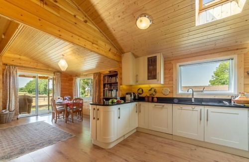 Stowmarket Cabina | La amplia sala de estar tiene un fabuloso ambiente hogareño con una estufa de leña contemporánea.