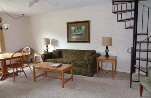 Beech Mountain Hotel | Two Level Condo Spiral Staircase, Kitchen, Living Room