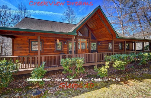 Hiawassee Cabina | Vintage Luxury Cabin Creekside with Game Room, Water Front, Hot Tub, Wi-Fi