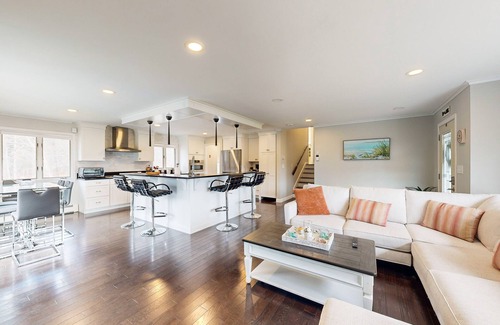 East Falmouth Casa | Waterfront home with firepit, grill, open layout, smart TVs, deck, W/D, & AC