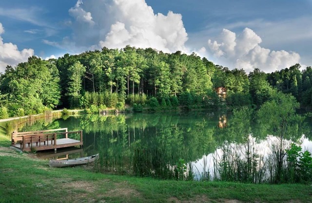 Lake Cabin en un hermoso entorno boscoso con vistas al lago cristalino.