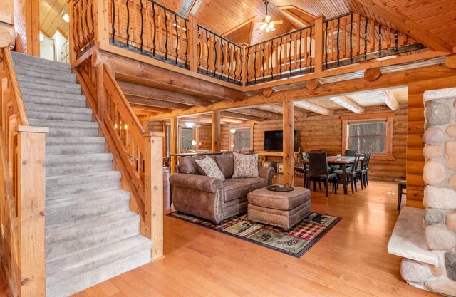 Picturesque dog-friendly cabin with firepit, pool table, deck, yard, & fireplace