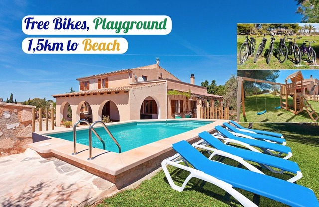 Villa a 1'5km de playa de Es Trenc. Piscina. Bicicletas. Parque Infantil.