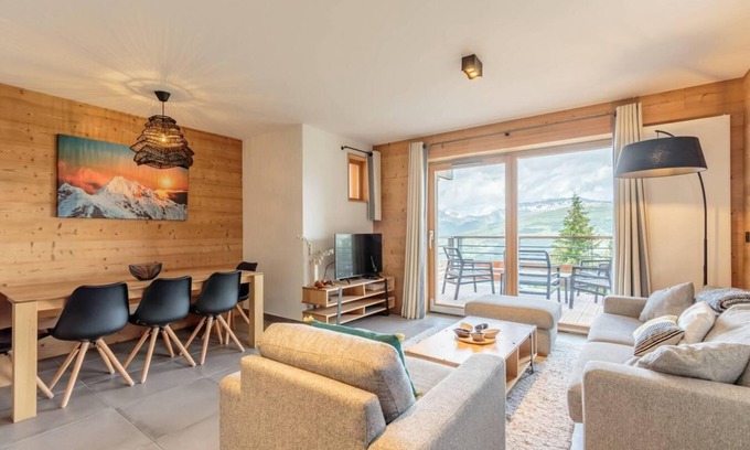 Arc-1800 Apartamento | 3.o piso, vista valle, fitness, sauna, hammam, terraza, parking, local para esquís, 80m², Les Arcs