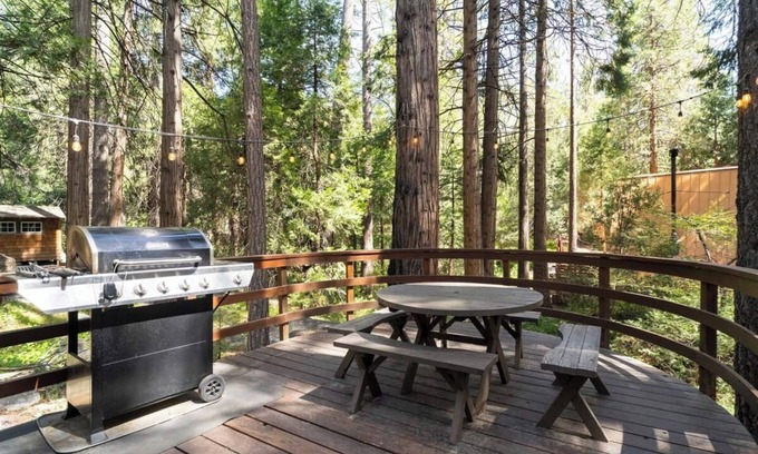 Idyllwild Cabina | 2 Brooks: caminata a la ciudad, transmisión estacional, cubierta trasera impresionante y arquitectura genial