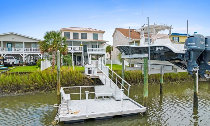 Ocean Isle Beach Casa | 4 Bedroom! Walk to Beach, Restaurants and Park! Boat Dock! VEIWS and SUNSETS!