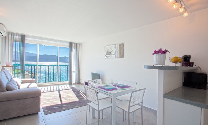 Patrimonio Apartamento | Estudio con aire acondicionado, vista panorámica de St-Florent y su golfo, acceso a la playa.