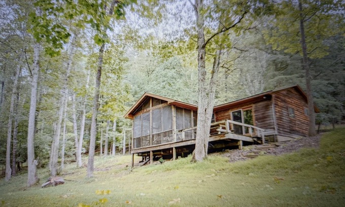 Harrisonville Cabina | Backyard creek, screened porch
