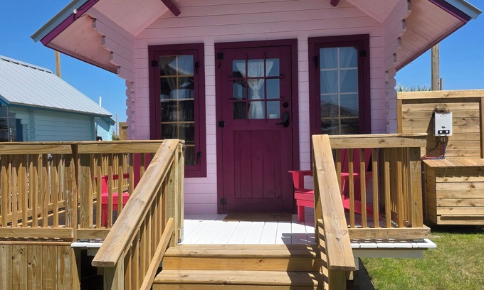Port Bolivar Casa | "Barbie" Bunkie adorable beach tiny home, Barbie Bunkie beach glamping cabin