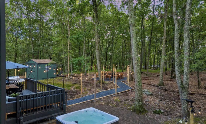 East Stroudsburg Casa | Campfire Oasis Hot Tub, Jungle Gym, Game Room