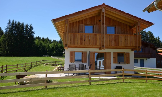 Lechbruck Casa | Casa de vacaciones Waldromantik, Afueras de la sauna con vistas al Lechsee y las montañas