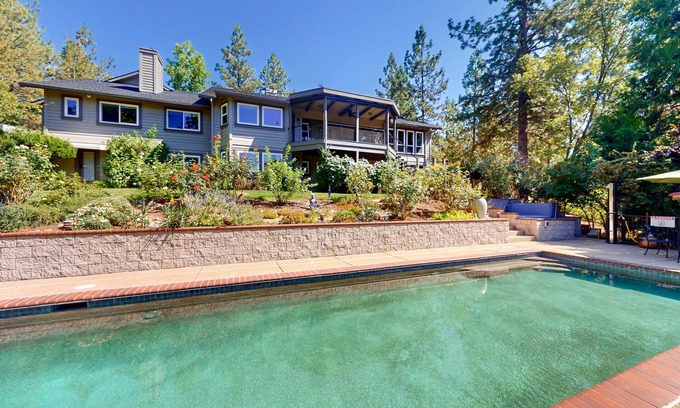 Grass Valley Casa | Cozy retreat with pool, hot tub, basketball court, wood fireplace, & gas grill
