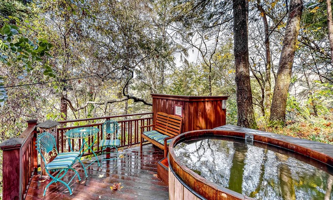 Duncans Mills Casa | Craftsman Gem with Hot Tub, Sauna, Lush Gardens & Decks Lovely River Views