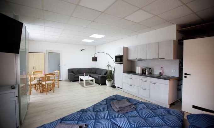 Schwarza Apartamento | Deluxe Double Studio with kitchen line, bathroom, Shower, Toilet & king bed