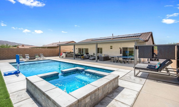 Desert Hot Springs Casa | Family Paradise SaltWaterPool Spa EV Charger Game Room Fire pit Poker Table
