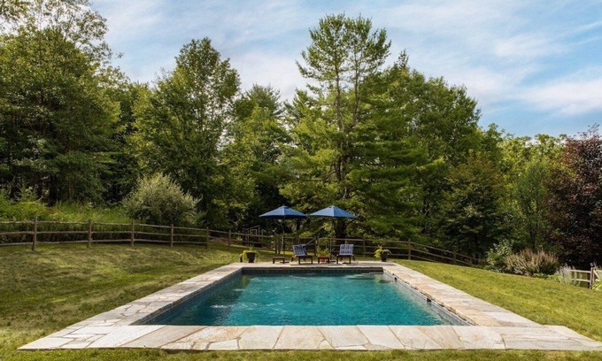 Hollowville Otro | Farmhouse retreat with private pool, outdoor shower, fire pit.