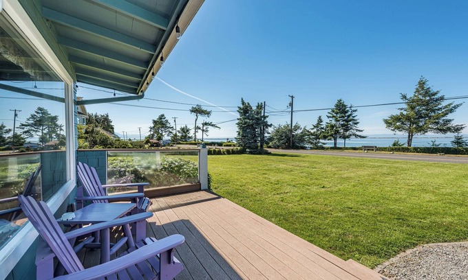 Sequim Casa | Fireplace Room - Water view, Jetted tub, King, Kitchen