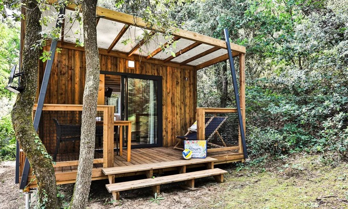 Les Conches Casa | Flower Camping Les Dunes **** - Chalet Bois Premium 16m2 (1 bedroom) - covered terrace 8m2 + TV + sheets and towels 2 people