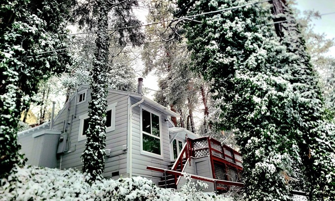 Crestline Cabina | Forest-view cabin with deck, grill, wood stove, washer/dryer, & fast WiFi